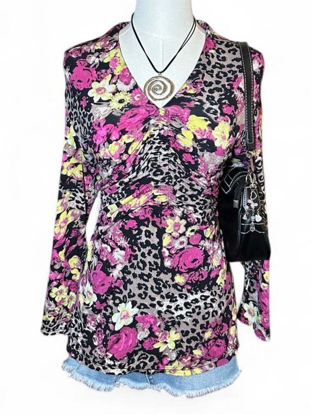 Y2K Alfani Pink Yellow Floral & Leopard Print Blouse Office Siren Mob Wife